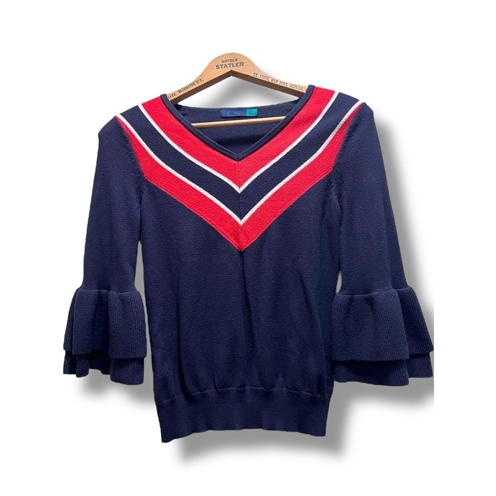 Ava Navy and Red Stripe V-Neck Sweater 3/4 Bell Ruffle Sleeves XS